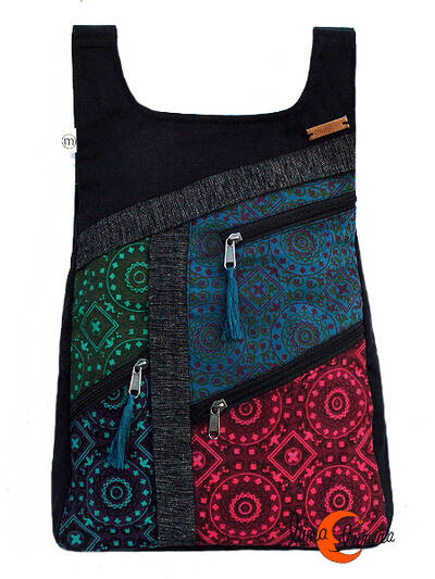 Mochilas de tela Mugling. Mochila parches con cremallera trasera, mandala morado rojo.