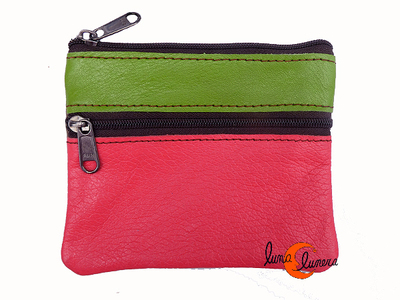 Monedero de piel de colores Soruka, coral y verde.