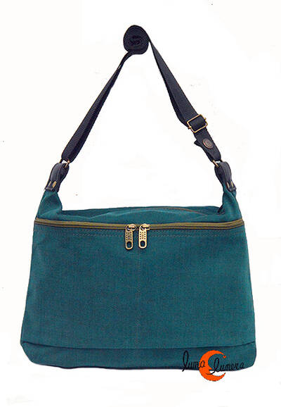 Benetti bolsos de tela, bolso dos bolsillos pequeño azul/verde petróleo.