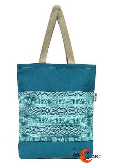 Bolsa TOTE BAG con bolsillos de tela Bruo. Dibujinos azul/verde.