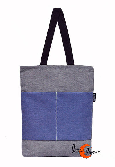 Bolsa TOTE BAG con bolsillos de tela Bruo. Lisa gris azul.