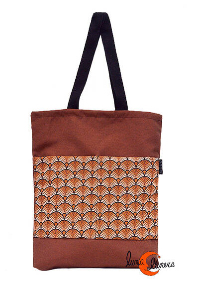 Bolsa TOTE BAG con bolsillos de tela Bruo. Marrón abanicos naranja.