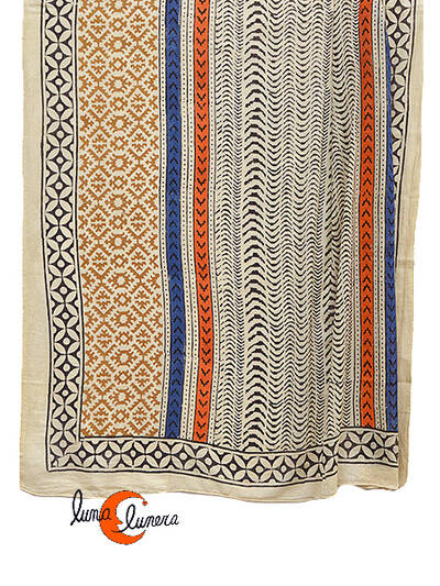 Pareo-fular de algodón, franja naranja y azul.