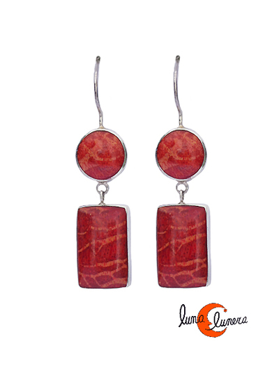 Pendientes de plata y coral rojo. Doble pieza.