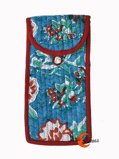 Funda de tela para gafas India, azul con granate.