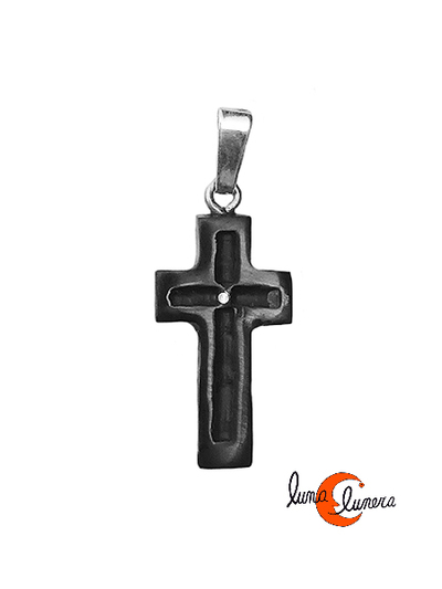 Azabache asturiano. Colgantes de miniaturas talladas a mano. Cruz con punto de plata.