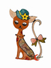 Broche gato sentado con sombrero . Marrón.