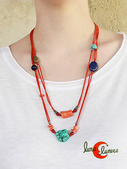 Collares India. Collar de piedras naturales dos en uno,  largo o corto. Coral rojo y turquesa.