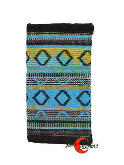 Cartera monedero vegana de tela de algodón grande. Tejido azul, amarillo y verde.
