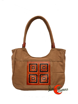 Bolso de tela y piel para hombro de doble asa, marrón.