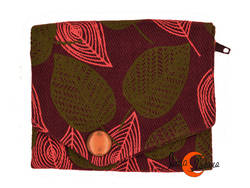 Monedero cartera unisex vegana de tela de algodón pequeña. Hojas morada.