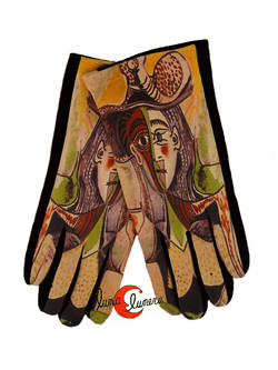 Guantes con imágenes cubistas, retrato de mujer en verde.