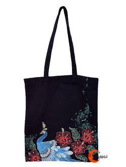 Bolsa TOTE BAG de tela negra. Pavo real cabeza .