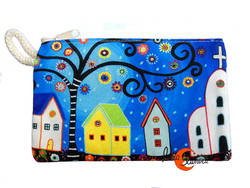 Monedero colores grande o estuche de tela con cremallera, azul con casa amarilla.