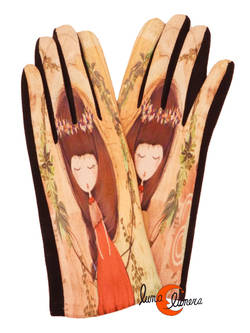 Guantes de colores, niña con corona de flores.
