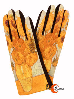 Guantes con imágenes de cuadros famosos, girasoles de Van Gogh.