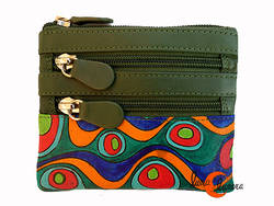 Carteras de piel de colores, monedero cuadrado grande con cuatro cremalleras, verde.