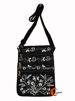 Bolso de ante bordado, bandolera plana pequeña con cinco cremalleras, negra y blanca.