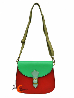 Soruka, bolsos de piel de colores. Bolso grande redondo con solapa y hebilla, rojo y verde agua.