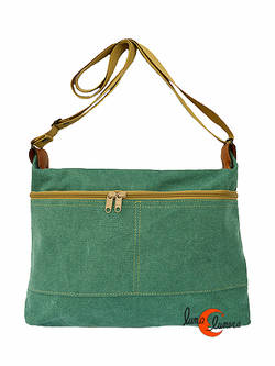 Bolsos y mochilas de tela, colección Vinicius. Bolso cremallera con dos bolsillos exteriores, pequeño color verde azulado. Tela con textura.