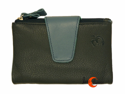 Cartera de piel Belmonte lisa mediana 39 negra con trabilla gris marengo o gris azulado.