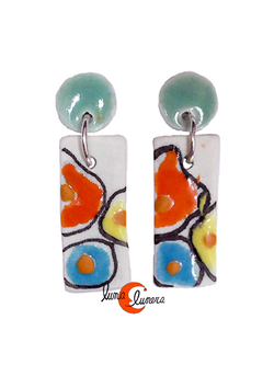 Pendientes de cerámica. Dos piezas rectángulo, colores y verde agua.