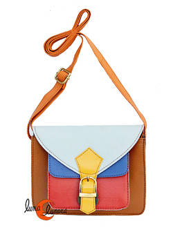 Soruka, bolsos de piel de colores. Pequeño bolso cuadrado con hebilla marrón, rojo y solapa celeste.