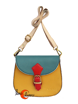Soruka, bolsos de piel de colores. Bolso pequeño redondo, mostaza y azul.