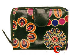Shanti, carteras de piel de India. Mediana 011, verde con dibujos.