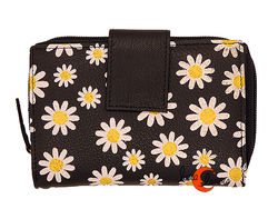 Cartera de piel suave Grescart. Mediana 105-S, negra con margaritas.