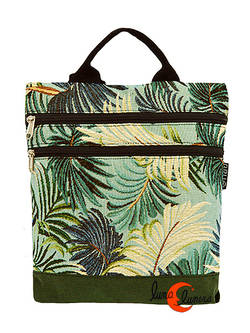 Mochilas de tela BRUO. Mochila pequeña reversible antirrobo, verde con hojas.