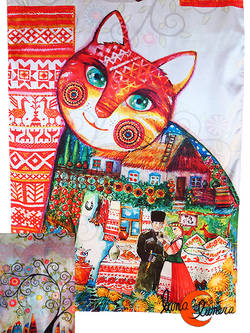 Pañuelo largo tipo fular reversible, gato sonriendo.