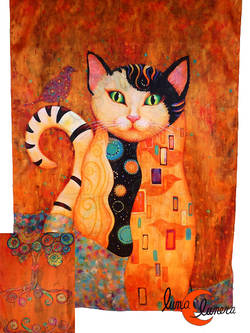 Pañuelo largo tipo fular reversible, gato Klimt.