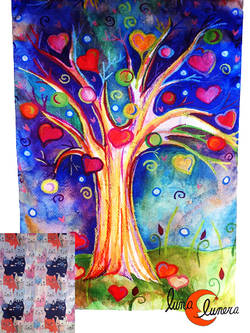Pañuelo largo tipo fular reversible, árbol azul.
