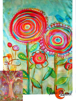 Pañuelo largo tipo fular reversible, flores caramelo.
