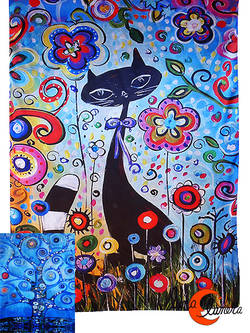 Pañuelo largo tipo fular reversible, gato azul.