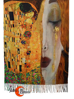 Bufanda REVERSIBLE, cuadros de pintores famosos. El beso de Klimt/Cosecha de Van Gogh.