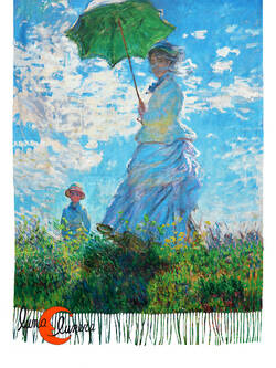 Bufanda REVERSIBLE, cuadros de pintores famosos. Mujer con Sombrilla de Monet/Almendro en Flor de Van Gogh.