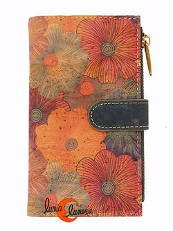 Corcho. Cartera vegana mediana 22 plana, flores.