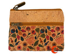 Corcho. Monedero grande rectangular con tres cremalleras, amapolas.