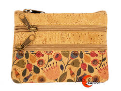 Corcho. Monedero pequeño rectangular con tres cremalleras, amapolas.