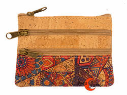 Corcho. Monedero pequeño rectangular con tres cremalleras, mandalas.