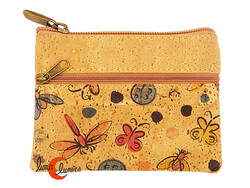 Corcho. Monedero grande rectangular con tres cremalleras, libélula.