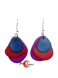 Pendientes de semillas de tagua. Tres piezas morado marrón azul.