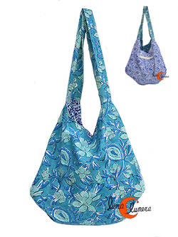 Bolso de tela grande con forma de saco doble asa REVERSIBLE, color azul y celeste.