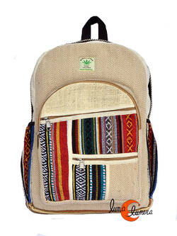 Mochila de tela de algodón y cáñamo, grande beige con raya roja. 