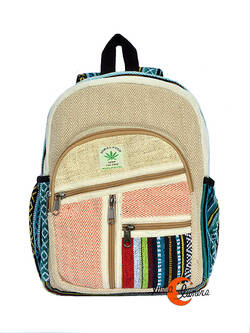 Mochila de tela de algodón y cáñamo, pequeña beige con rayinas rojas.