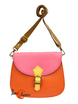 Soruka, bolsos de piel de colores. Bolso grande redondo con solapa y hebilla, naranja butano y rosa chicle,