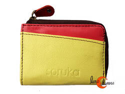 Monederos de piel Soruka. Monedero con cremallera pequeño amarillo suave y rosa fuerte.