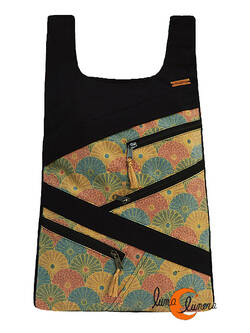 Mochilas de tela Mugling. Mochila con cremallera trasera, negra crisantemos.
